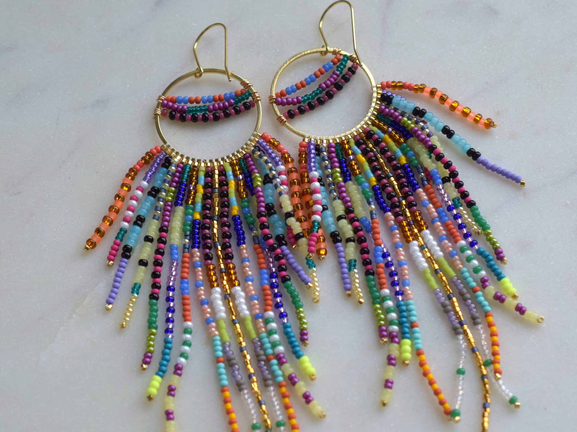 Colorful fringe earrings, rainbow beaded earrings dangle, long earrings gold, birthday gift for her jewelry, boho earrings statement