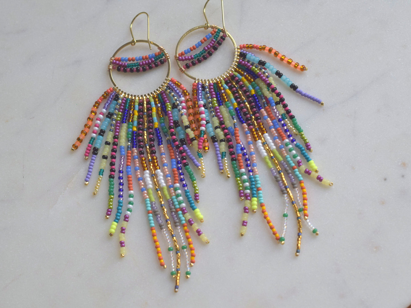 Colorful fringe earrings, rainbow beaded earrings dangle, long earrings gold, birthday gift for her jewelry, boho earrings statement