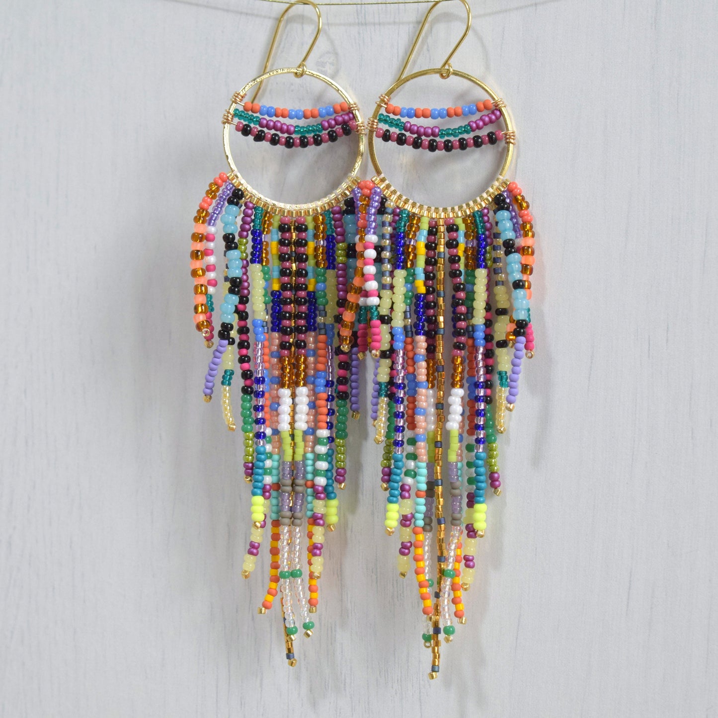 Colorful fringe earrings, rainbow beaded earrings dangle, long earrings gold, birthday gift for her jewelry, boho earrings statement