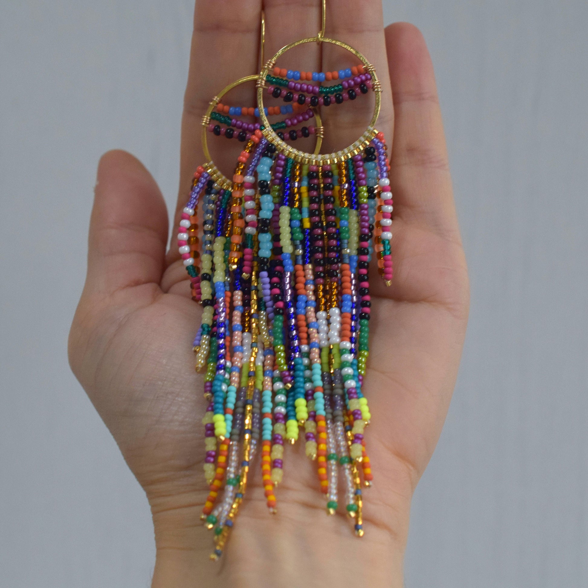 Colorful fringe earrings, rainbow beaded earrings dangle, long earrings gold, birthday gift for her jewelry, boho earrings statement