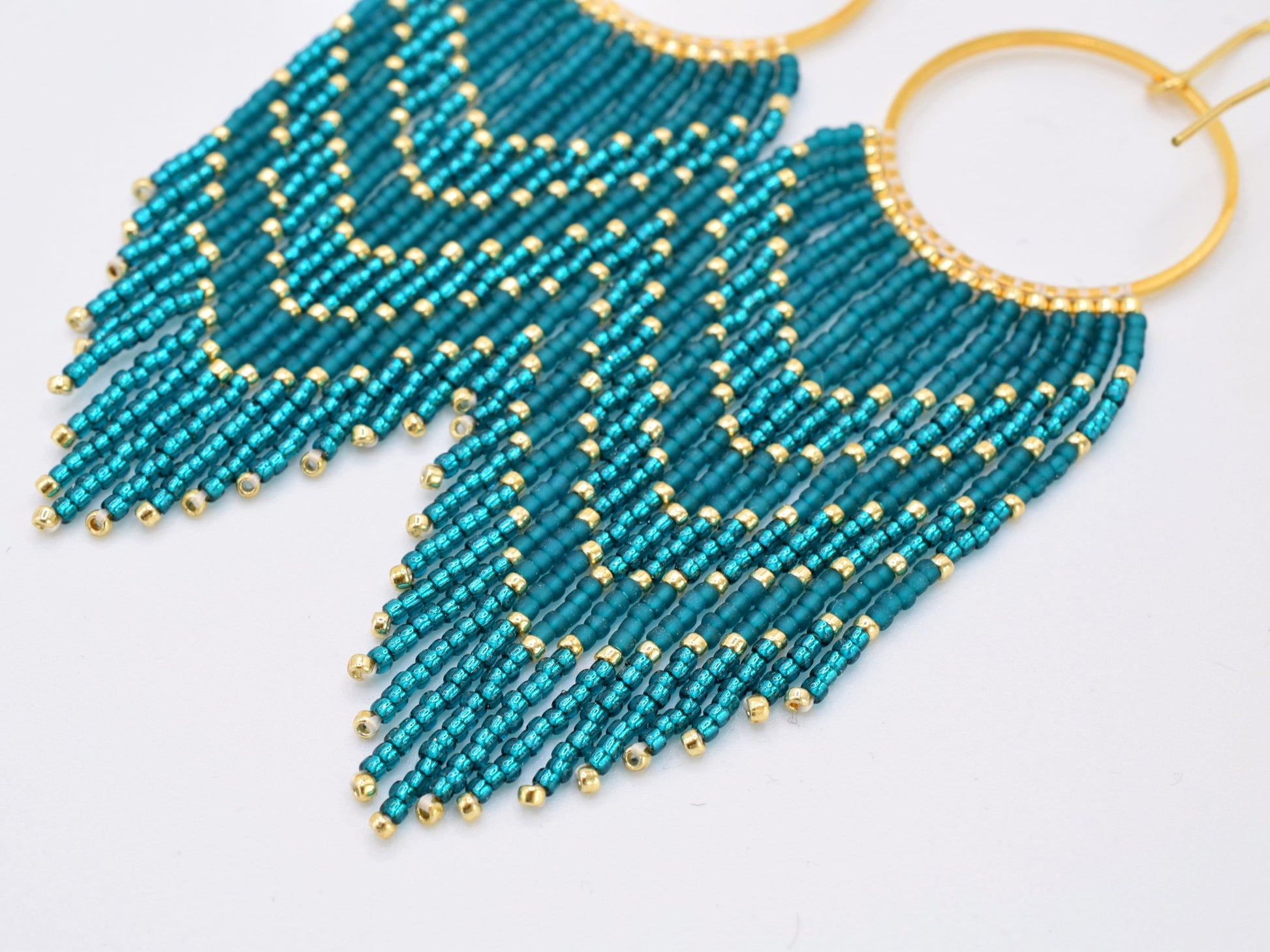 Teal and gold fringe earrings, beaded earrings dangle, evening jewelry, long earrings green, Valentines earrings gift