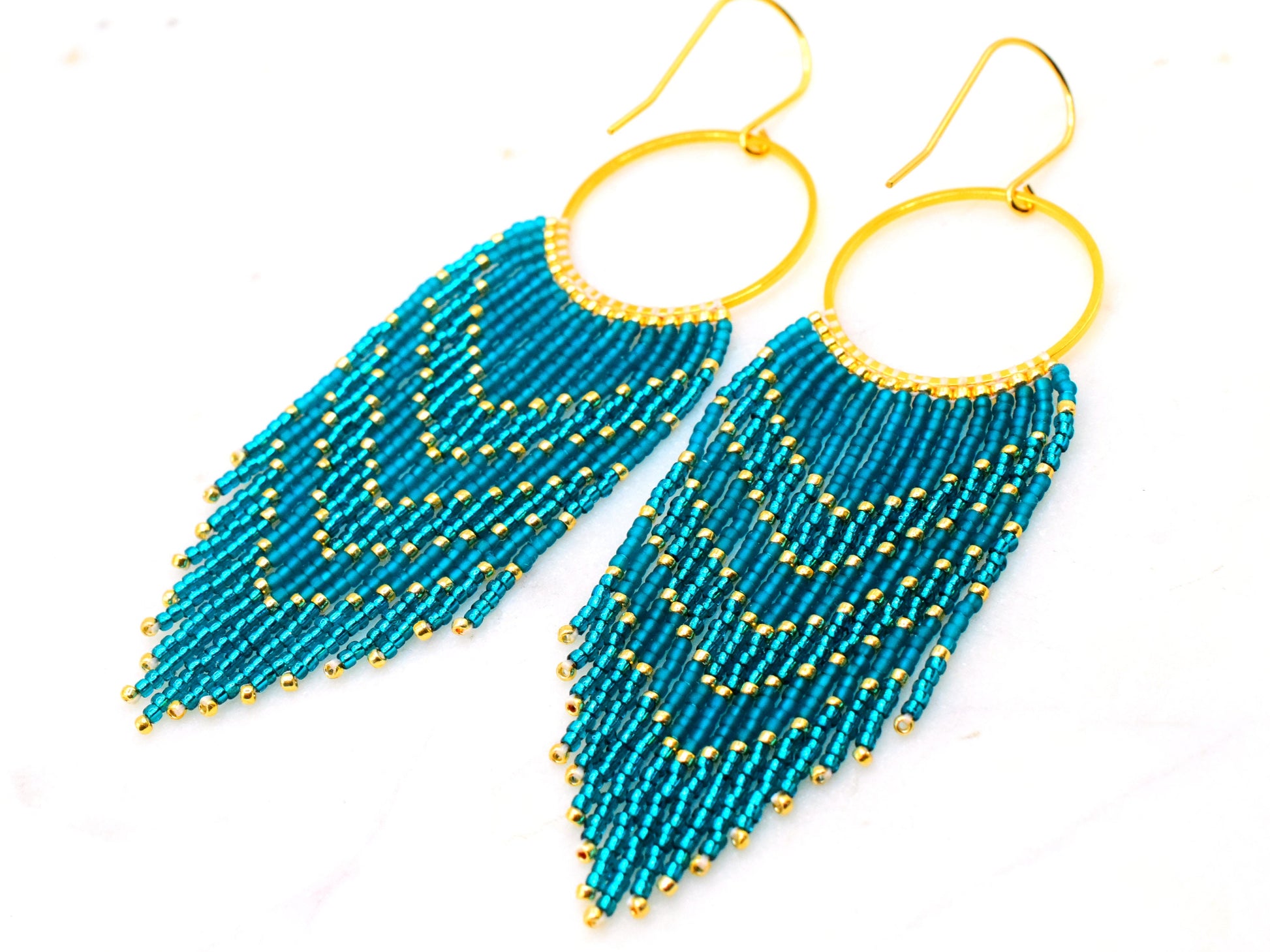 Teal and gold fringe earrings, beaded earrings dangle, evening jewelry, long earrings green, Valentines earrings gift