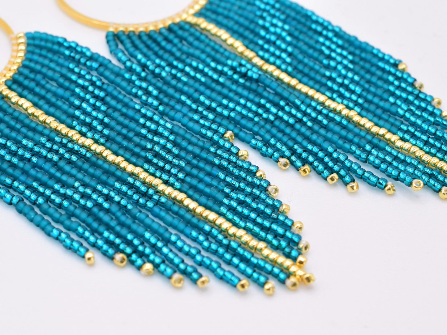 Teal and gold fringe earrings, beaded earrings dangle, elegant earrings, chevron long earrings green, Valentines gift for her earrings