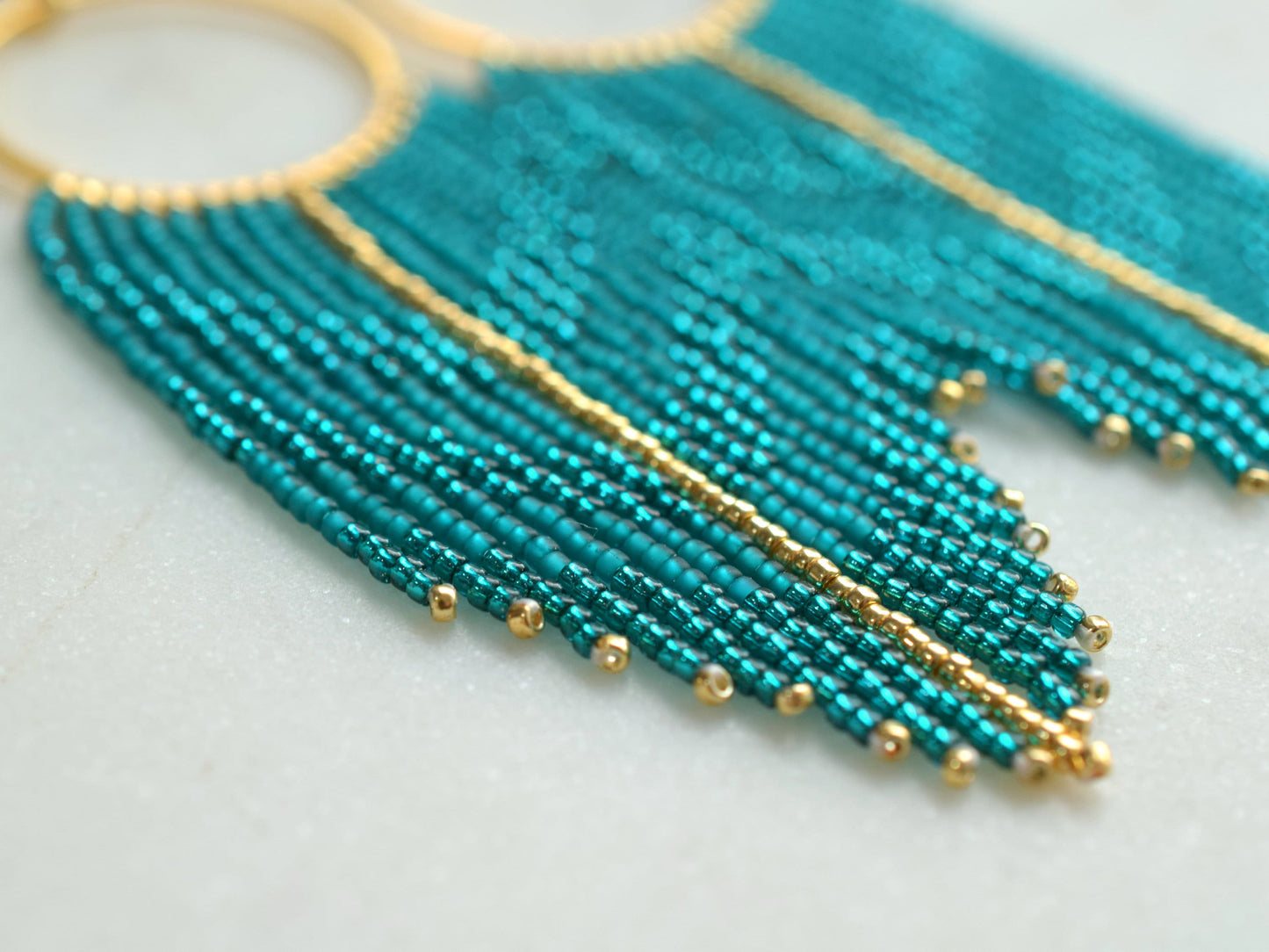 Teal and gold fringe earrings, beaded earrings dangle, elegant earrings, chevron long earrings green, Valentines gift for her earrings