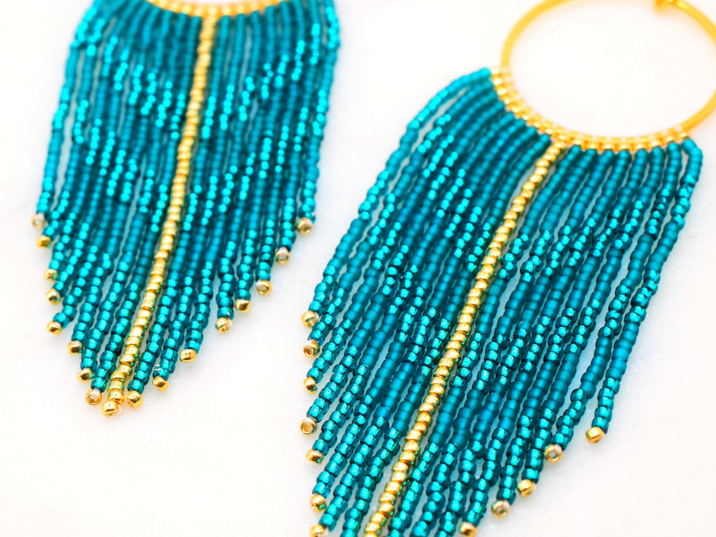 Teal and gold fringe earrings, beaded earrings dangle, elegant earrings, chevron long earrings green, Valentines gift for her earrings