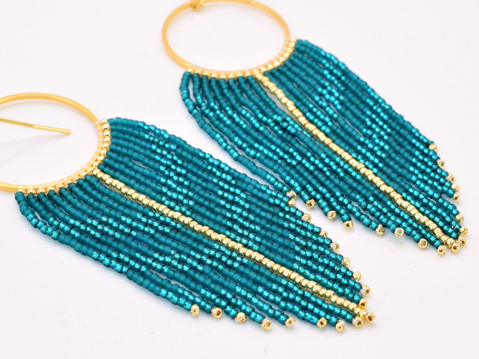 Teal and gold fringe earrings, beaded earrings dangle, elegant earrings, chevron long earrings green, Valentines gift for her earrings