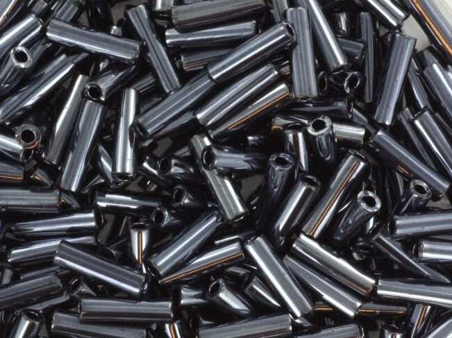 Miyuki bugles 6mm, opaque gunmetal, color 451, metallic black, beads from japan, tube shaped beads, long beads, japanese beads