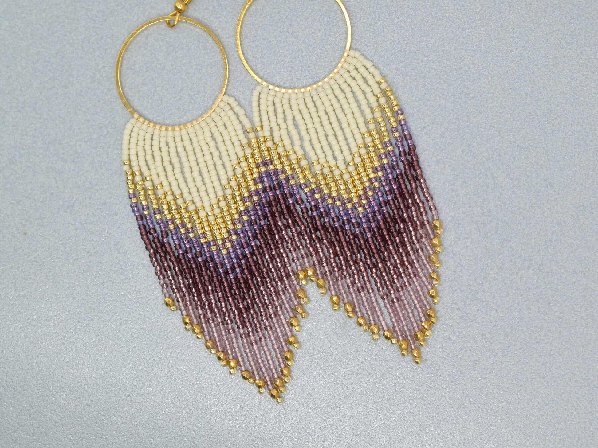 Gold and violet fringe earrings, beaded earrings dangle, long earrings gold, birthday gift for her jewelry, boho earrings, purple earrings