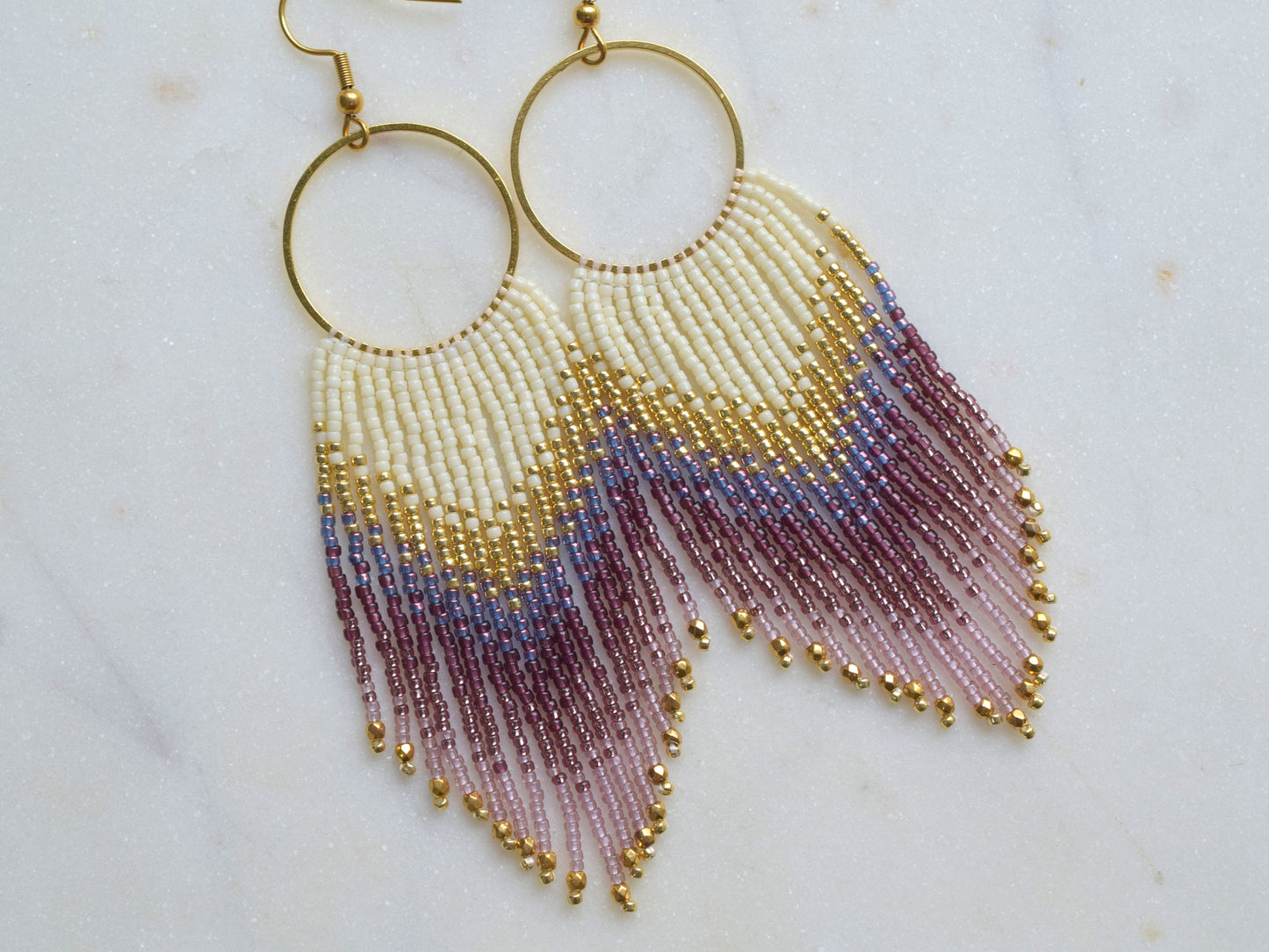 Gold and violet fringe earrings, beaded earrings dangle, long earrings gold, birthday gift for her jewelry, boho earrings, purple earrings