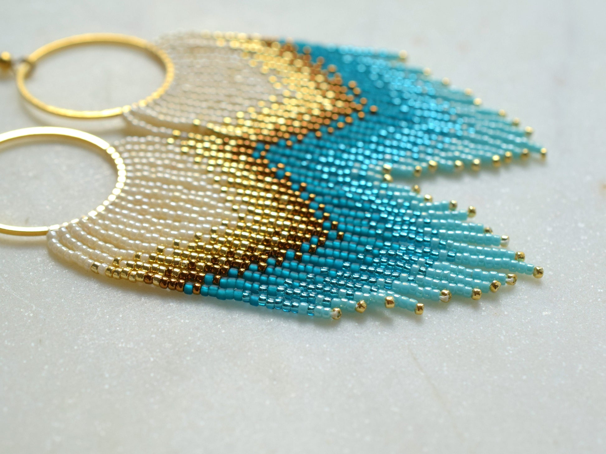 Gold and blue fringe earrings, beaded earrings dangle, evening jewelry, long earrings gold, Valentines earrings dangle, boho earrings