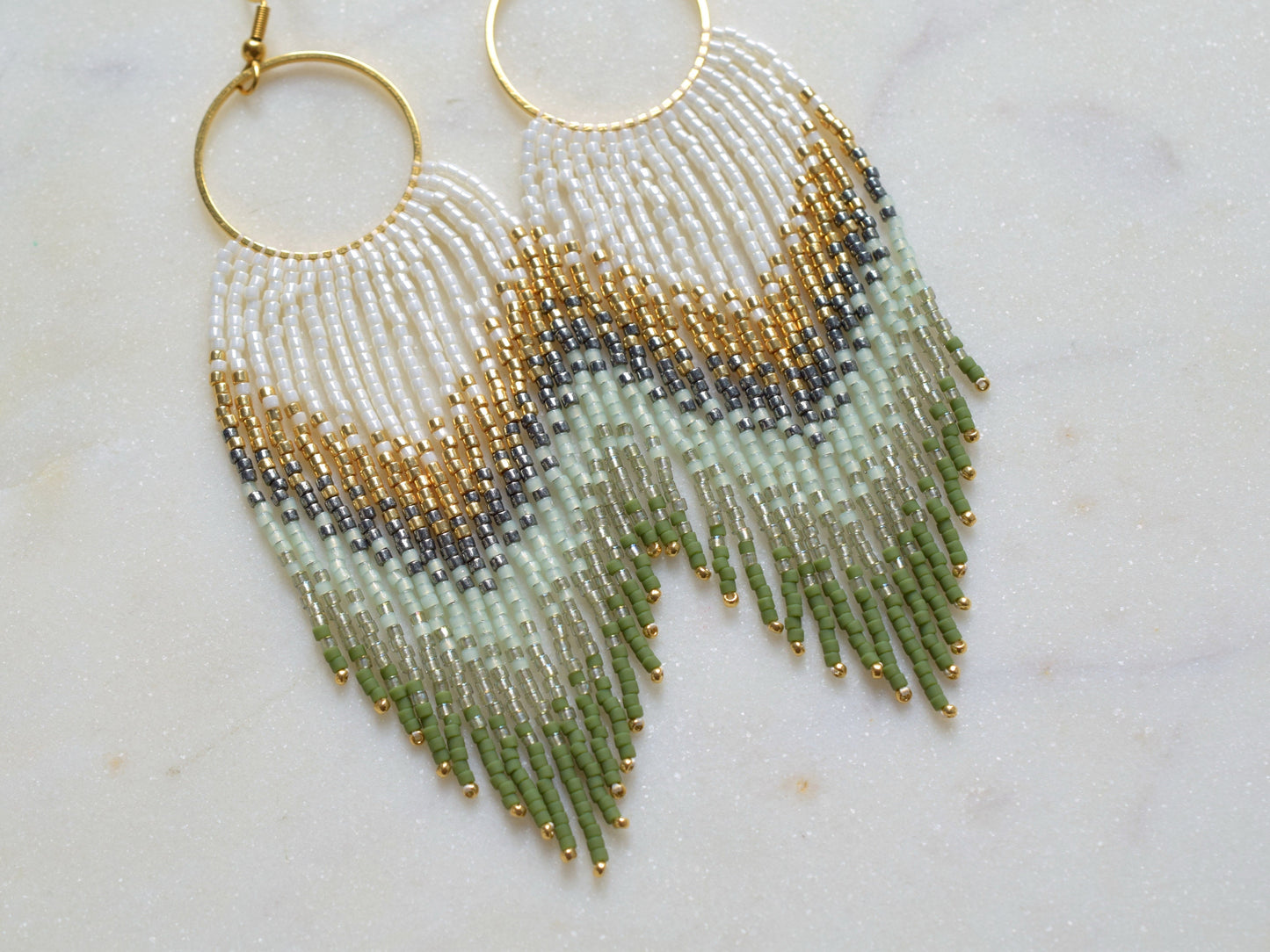 Gold and green fringe earrings, beaded earrings dangle, evening jewelry, long earrings gold, ombre earrings, birthday gift for her