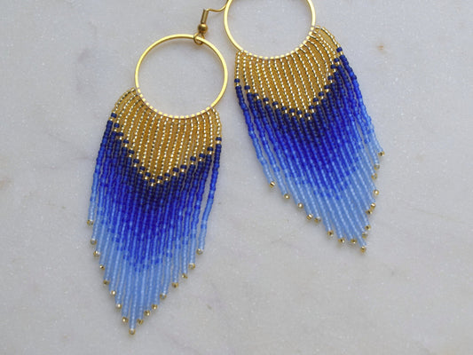 Gold and blue fringe earrings, evening jewelry, long earrings gold, birthday gift for her jewelry, ombre earrings, statement earrings dangle