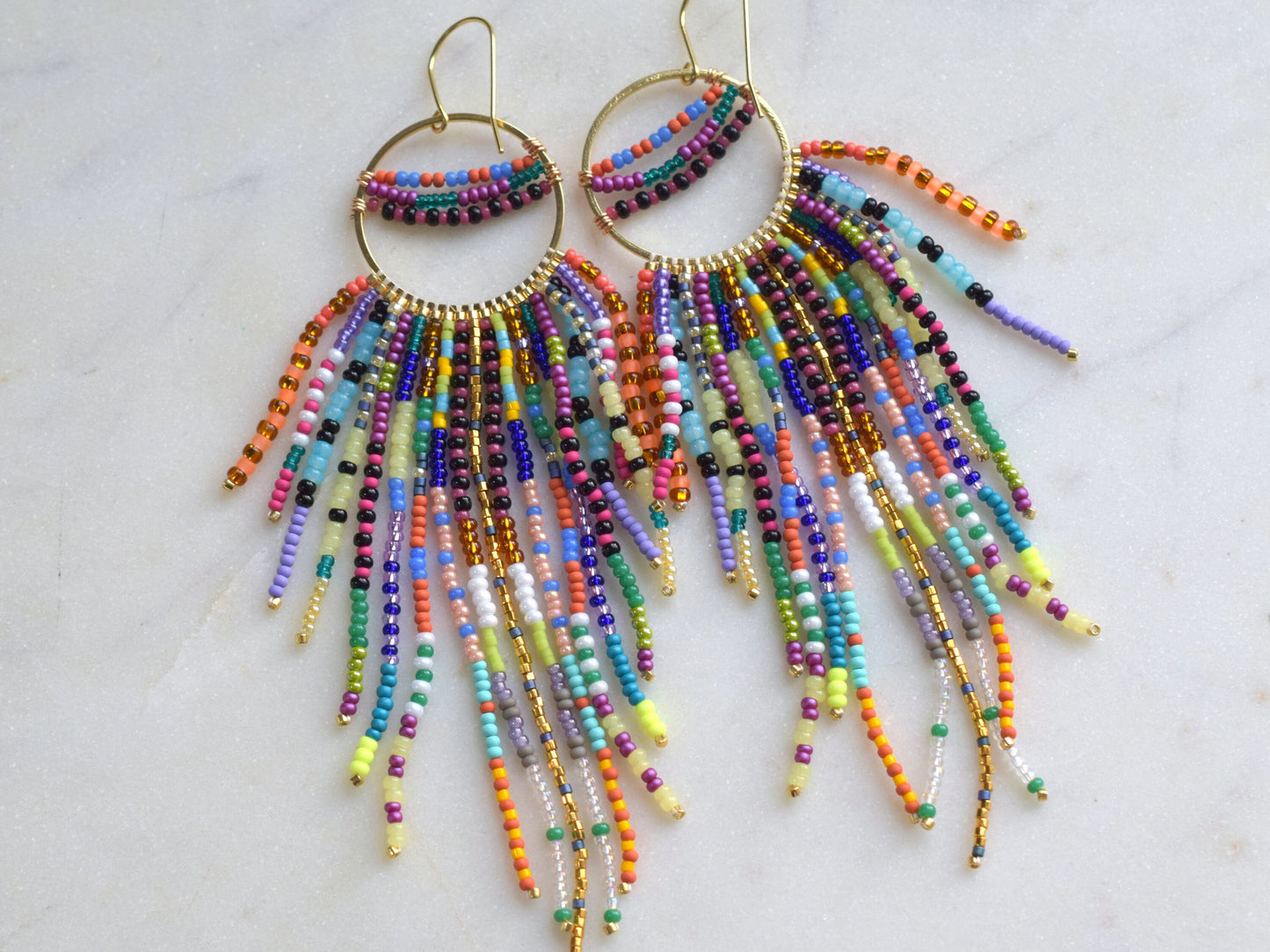 Colorful fringe earrings, rainbow beaded earrings dangle, long earrings gold, birthday gift for her jewelry, boho earrings statement