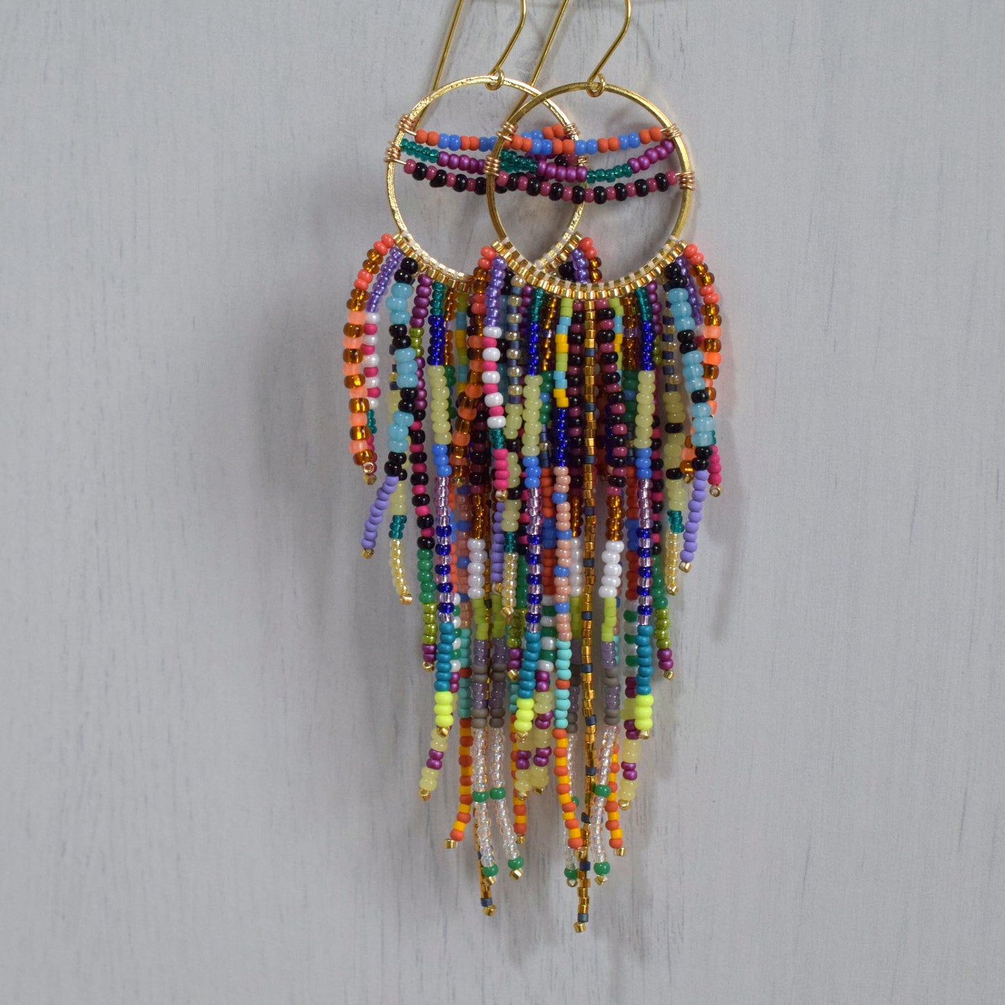 Colorful fringe earrings, rainbow beaded earrings dangle, long earrings gold, birthday gift for her jewelry, boho earrings statement