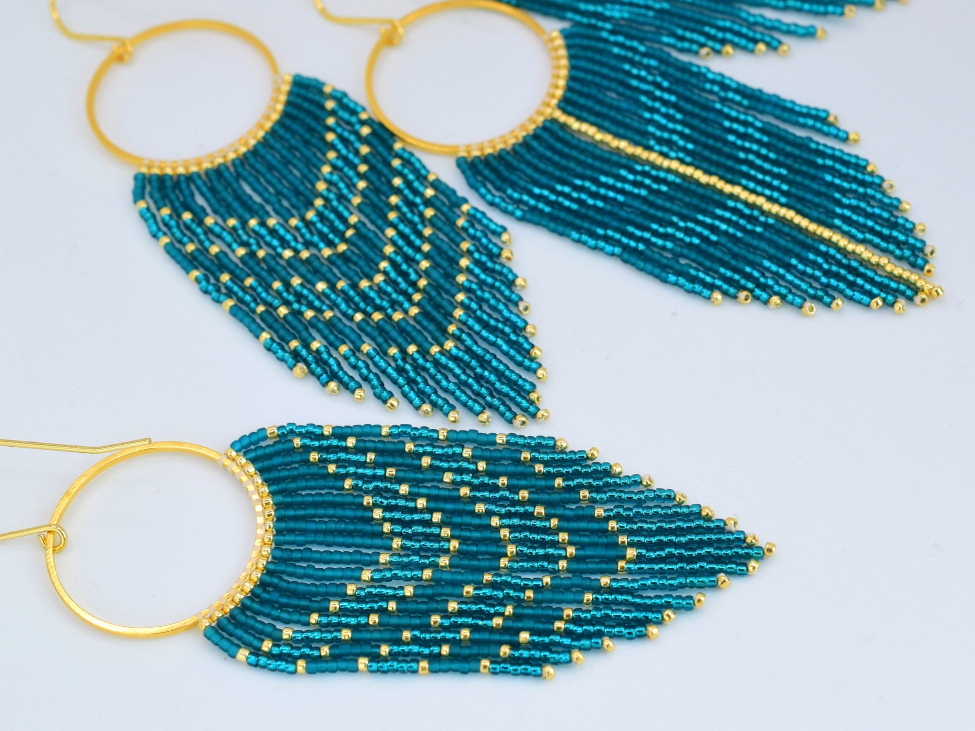 Teal and gold fringe earrings, beaded earrings dangle, evening jewelry, long earrings green, Valentines earrings gift