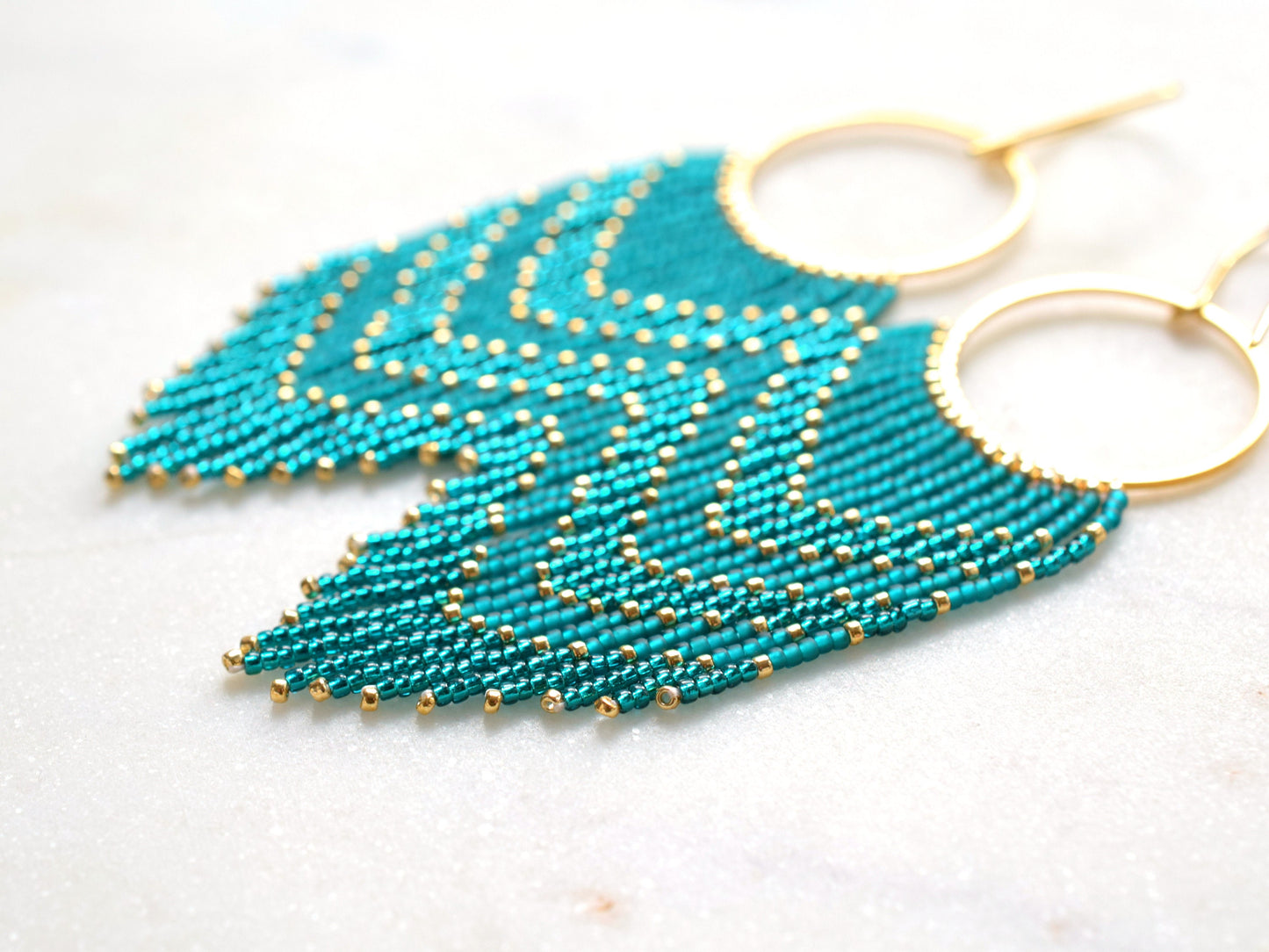 Teal and gold fringe earrings, beaded earrings dangle, evening jewelry, long earrings green, Valentines earrings gift