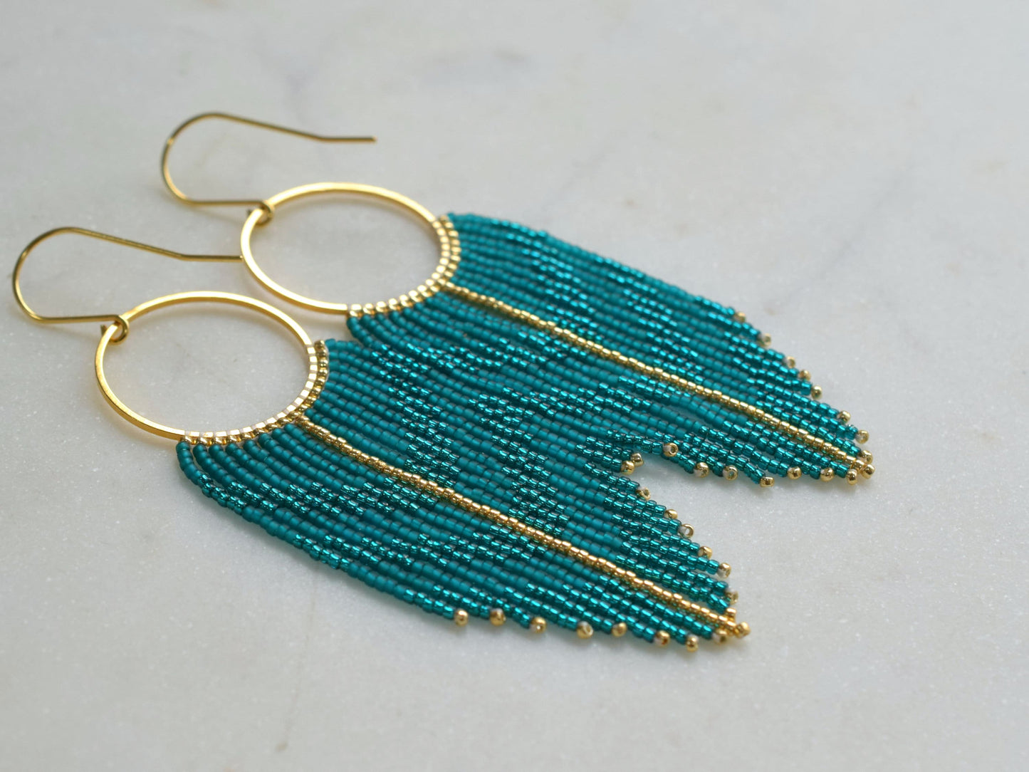 Teal and gold fringe earrings, beaded earrings dangle, elegant earrings, chevron long earrings green, Valentines gift for her earrings