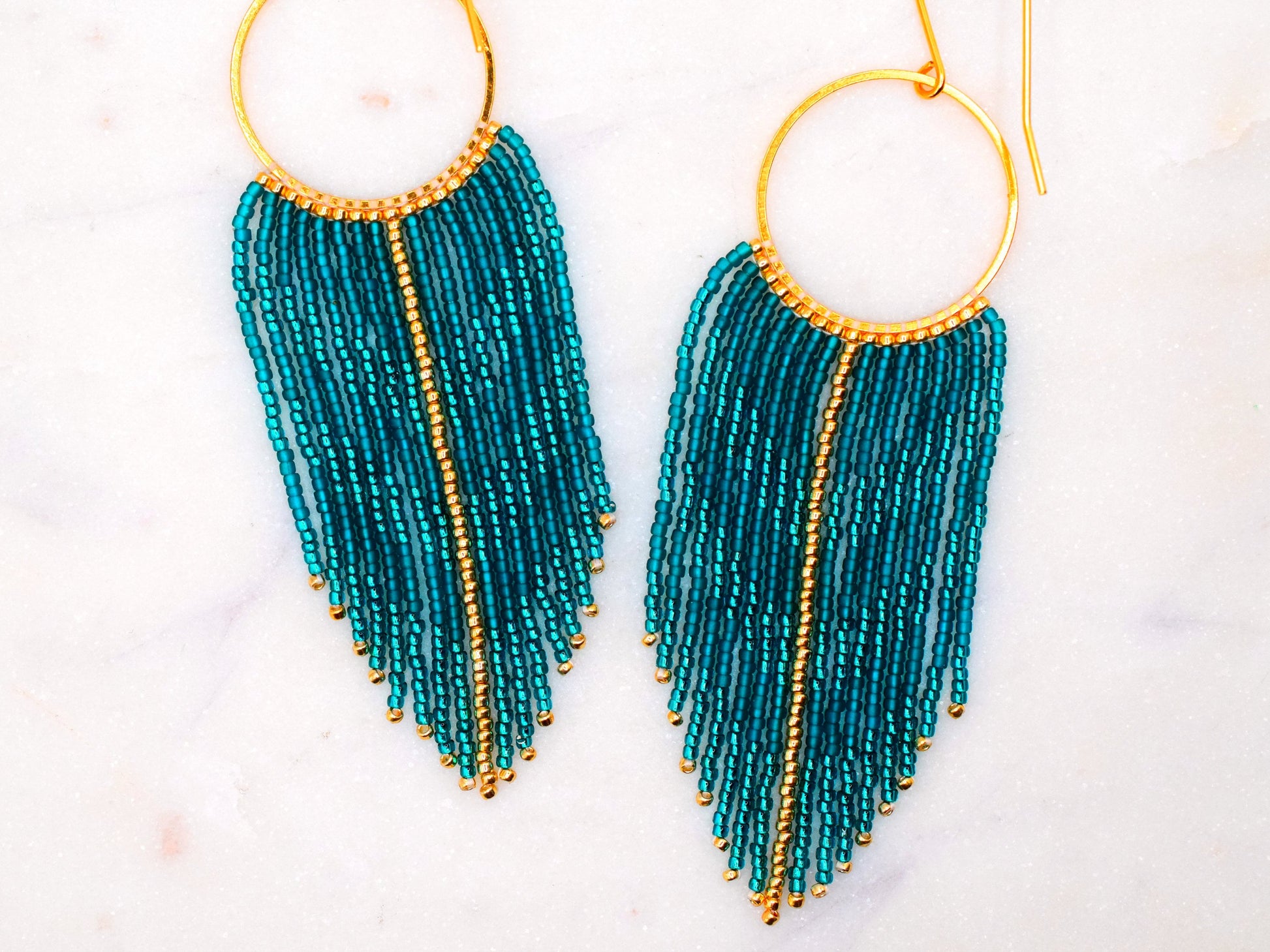 Teal and gold fringe earrings, beaded earrings dangle, elegant earrings, chevron long earrings green, Valentines gift for her earrings