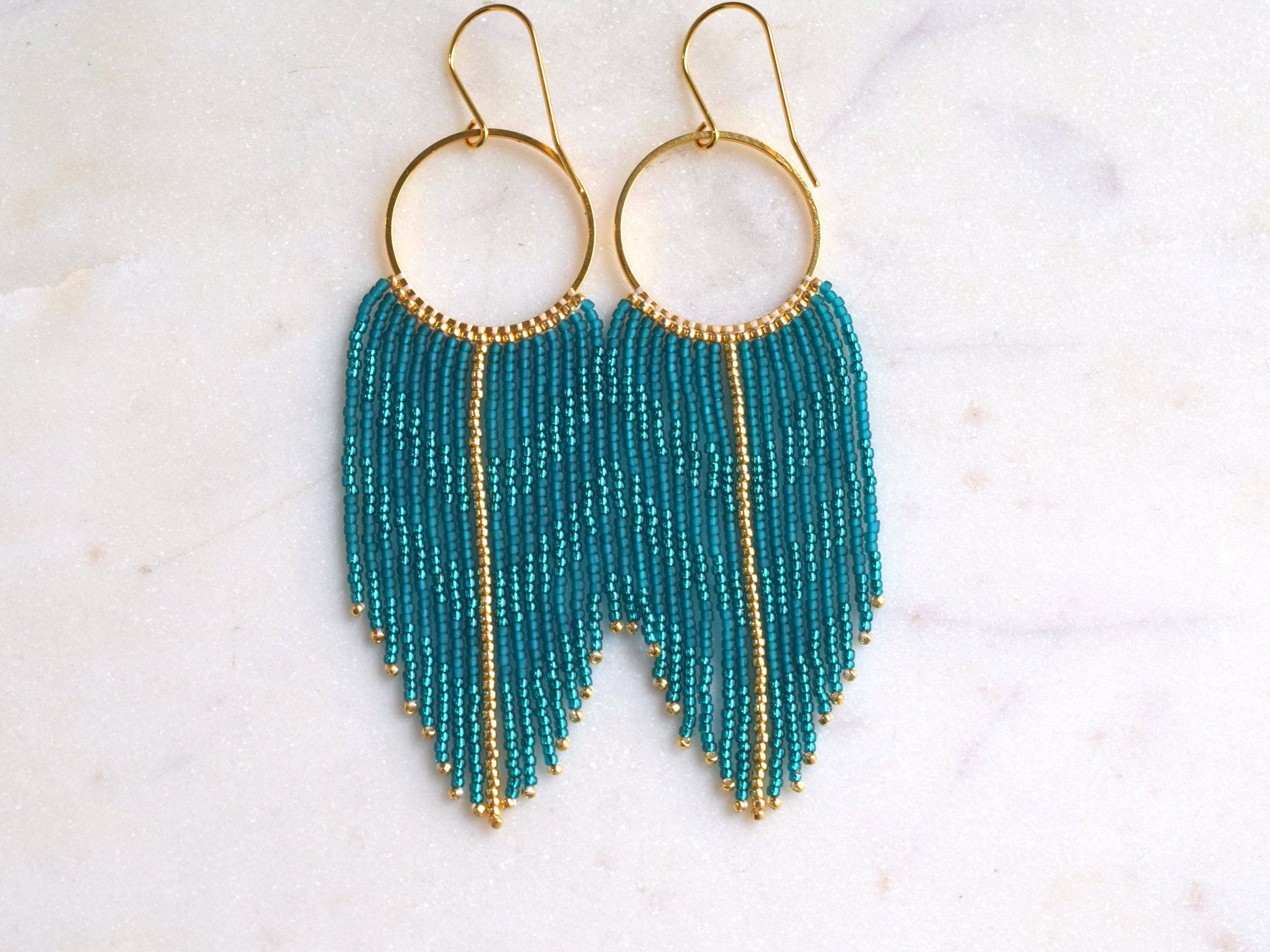 Teal and gold fringe earrings, beaded earrings dangle, elegant earrings, chevron long earrings green, Valentines gift for her earrings