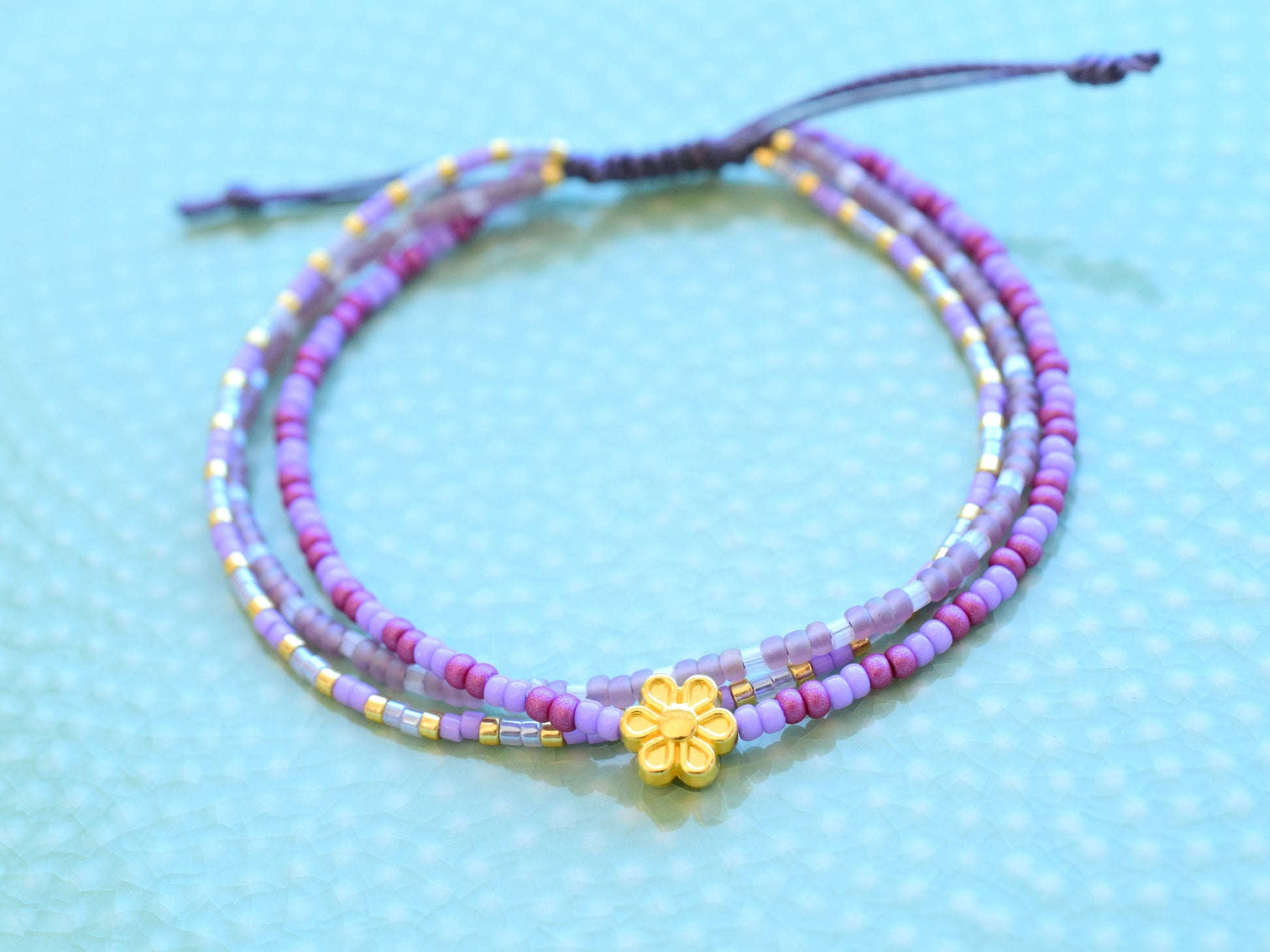 Miyuki bracelet adjustable, sliding knot bracelet, multi row bracelet friendship, gift for her birthday best friend, purple and gold