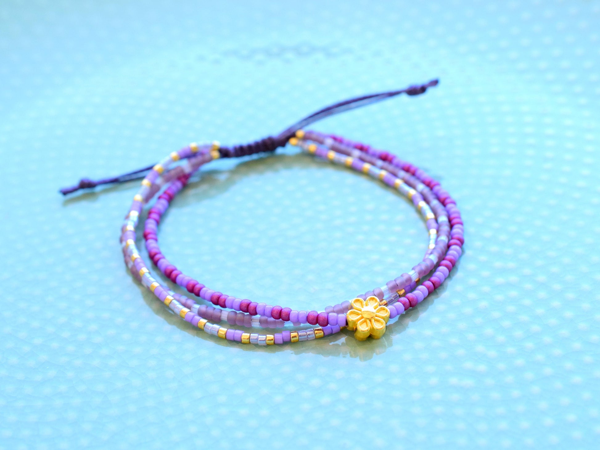 Miyuki bracelet adjustable, sliding knot bracelet, multi row bracelet friendship, gift for her birthday best friend, purple and gold