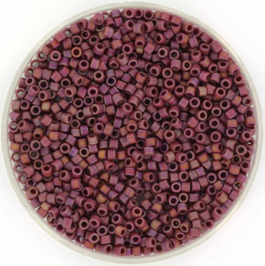 Miyuki Delica beads opaque glazed frosted rainbow dark red, 5g 11/0 DB2308, cylindrical beads, Miyuki Delica luster purple, color DB 2308