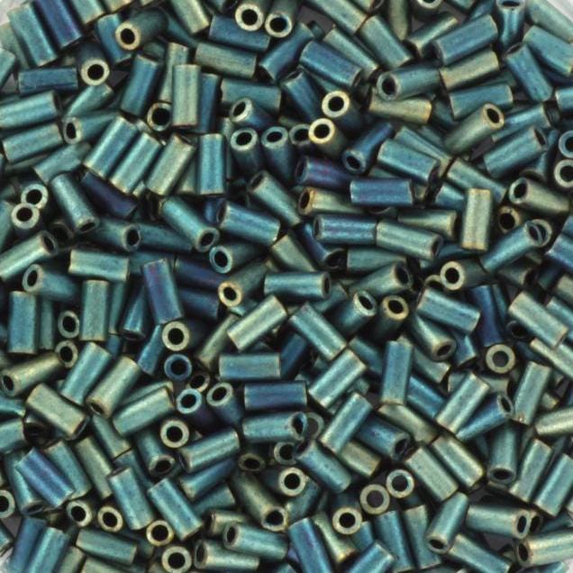 Miyuki bugles 3mm, metallic matte iris patina, color 2008, tube shaped beads, long beads, japanese beads, short bugles, metallic green