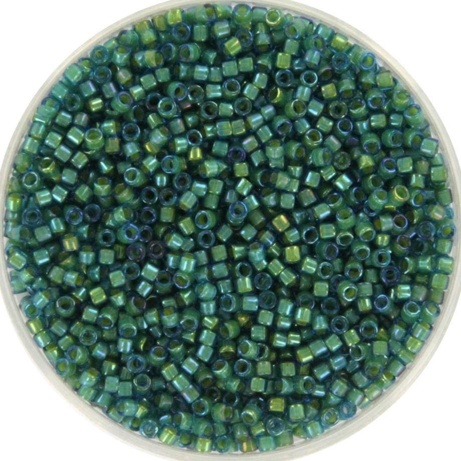 Miyuki Delica beads fancy lined spruce, 5g 11/0 DB2381, cylindrical beads, transparent green Miyuki, color DB 2381, dark green