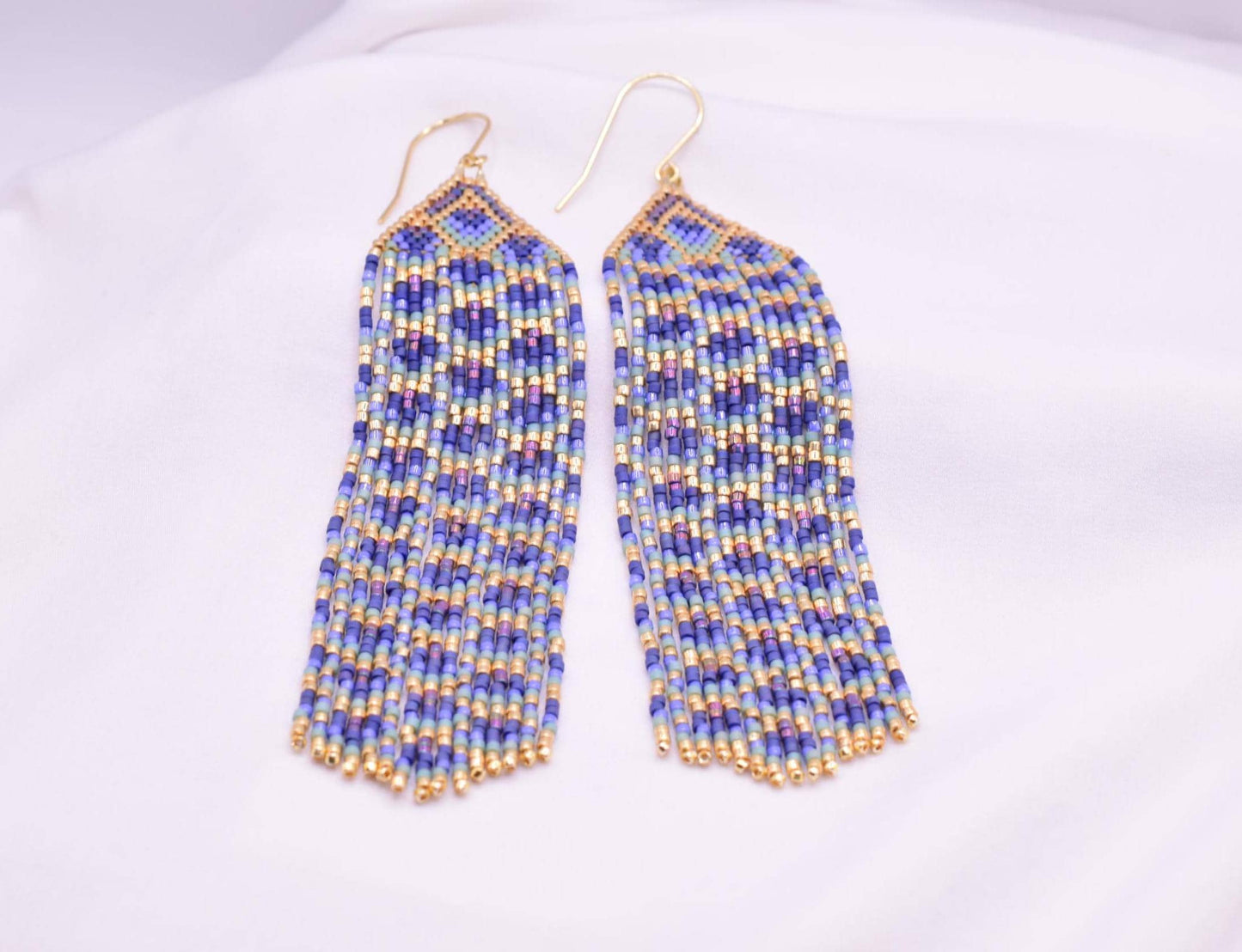 Gold and blue fringe earrings, peacock earrings gold, long earrings dangle, party earrings statement, chandelier earrings boho, for women