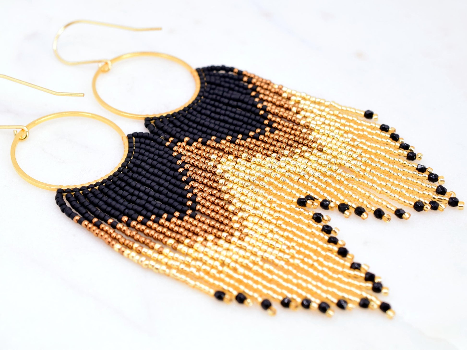 Gold and black fringe earrings, beaded earrings dangle, birthday gift for her jewelry, boho earrings ombre, statement earrings dangle