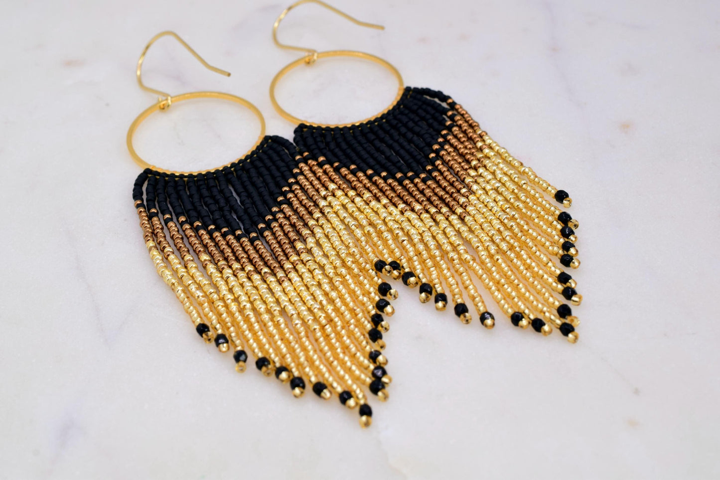 Gold and black fringe earrings, beaded earrings dangle, birthday gift for her jewelry, boho earrings ombre, statement earrings dangle