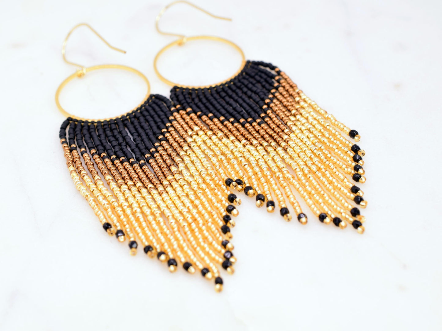 Gold and black fringe earrings, beaded earrings dangle, birthday gift for her jewelry, boho earrings ombre, statement earrings dangle