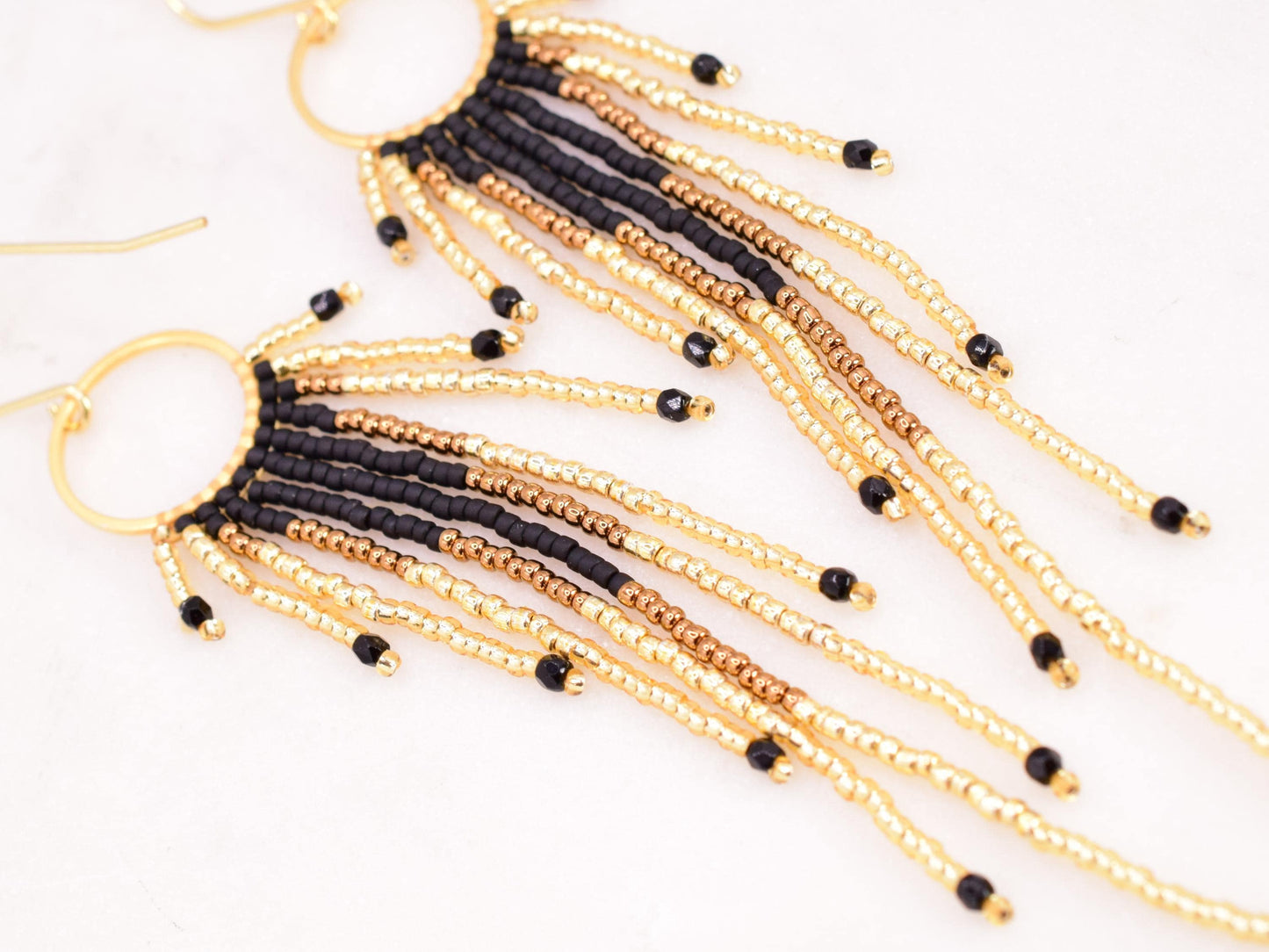 Gold and black fringe earrings, beaded earrings dangle, birthday gift for her jewelry, boho earrings ombre, lightweight earrings dangle