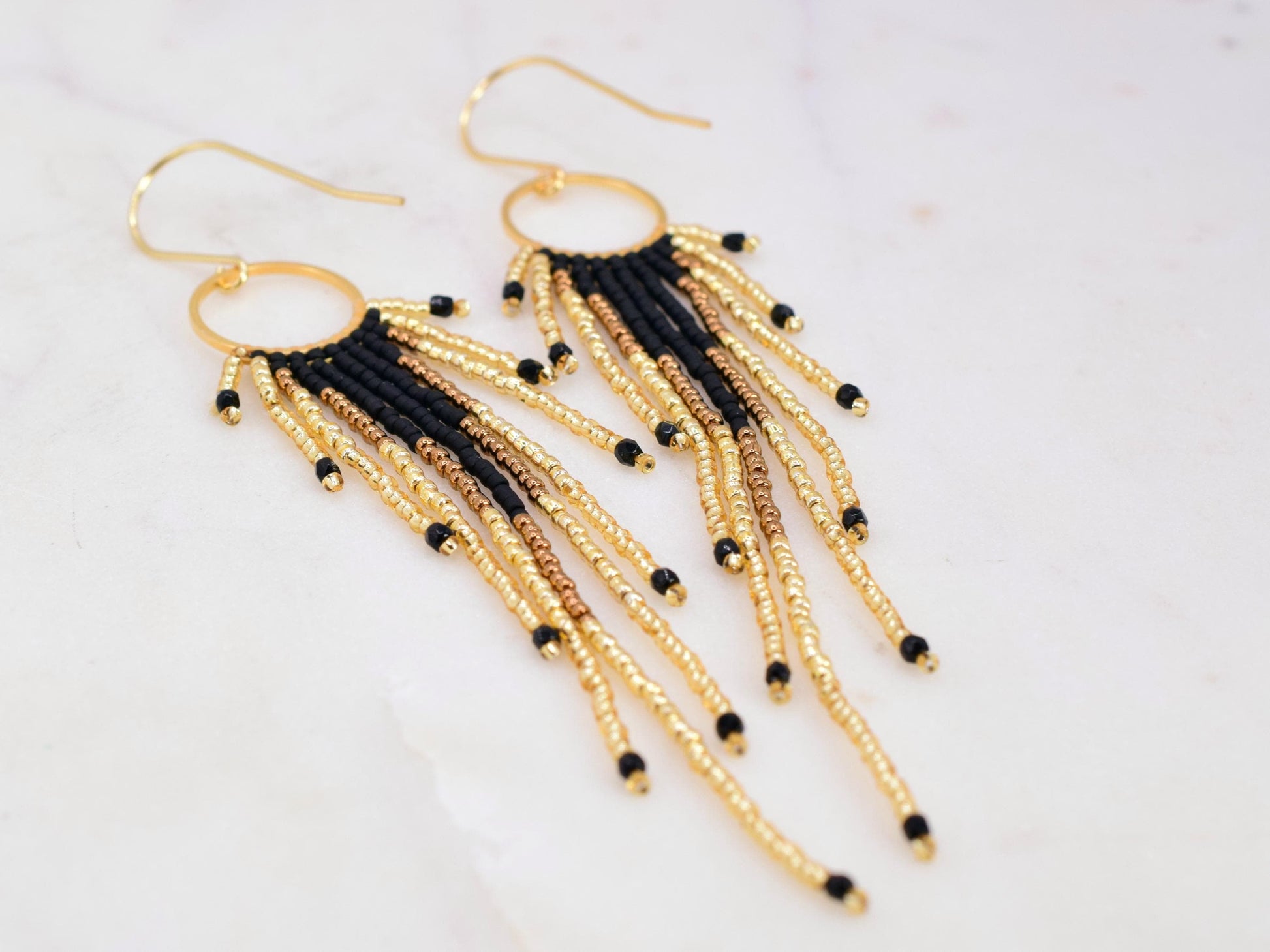 Gold and black fringe earrings, beaded earrings dangle, birthday gift for her jewelry, boho earrings ombre, lightweight earrings dangle