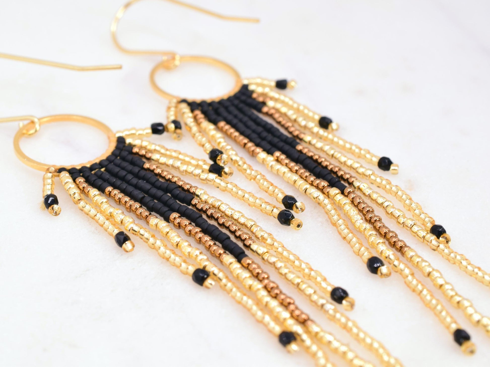 Gold and black fringe earrings, beaded earrings dangle, birthday gift for her jewelry, boho earrings ombre, lightweight earrings dangle