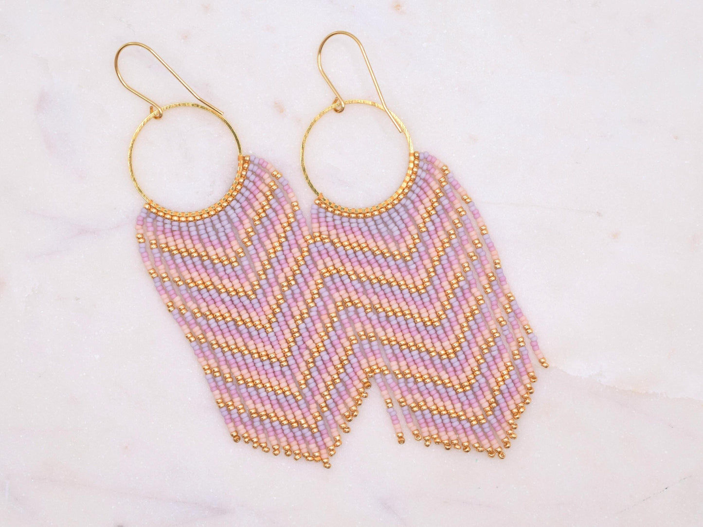 Pink ombre fringe earrings beaded, long earrings dangle, birthday gift for her jewelry, boho earrings pink and gold, chandelier earrings