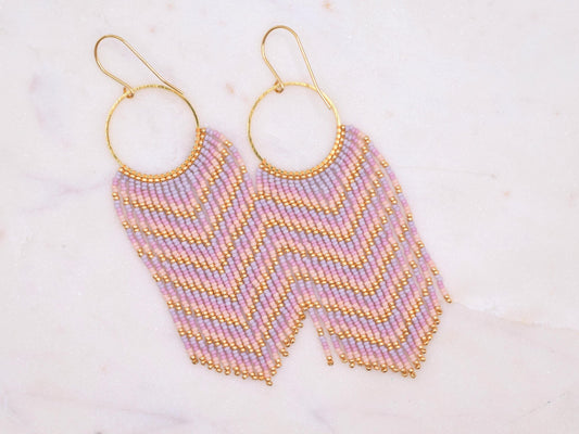 Pink ombre fringe earrings beaded, long earrings dangle, birthday gift for her jewelry, boho earrings pink and gold, chandelier earrings