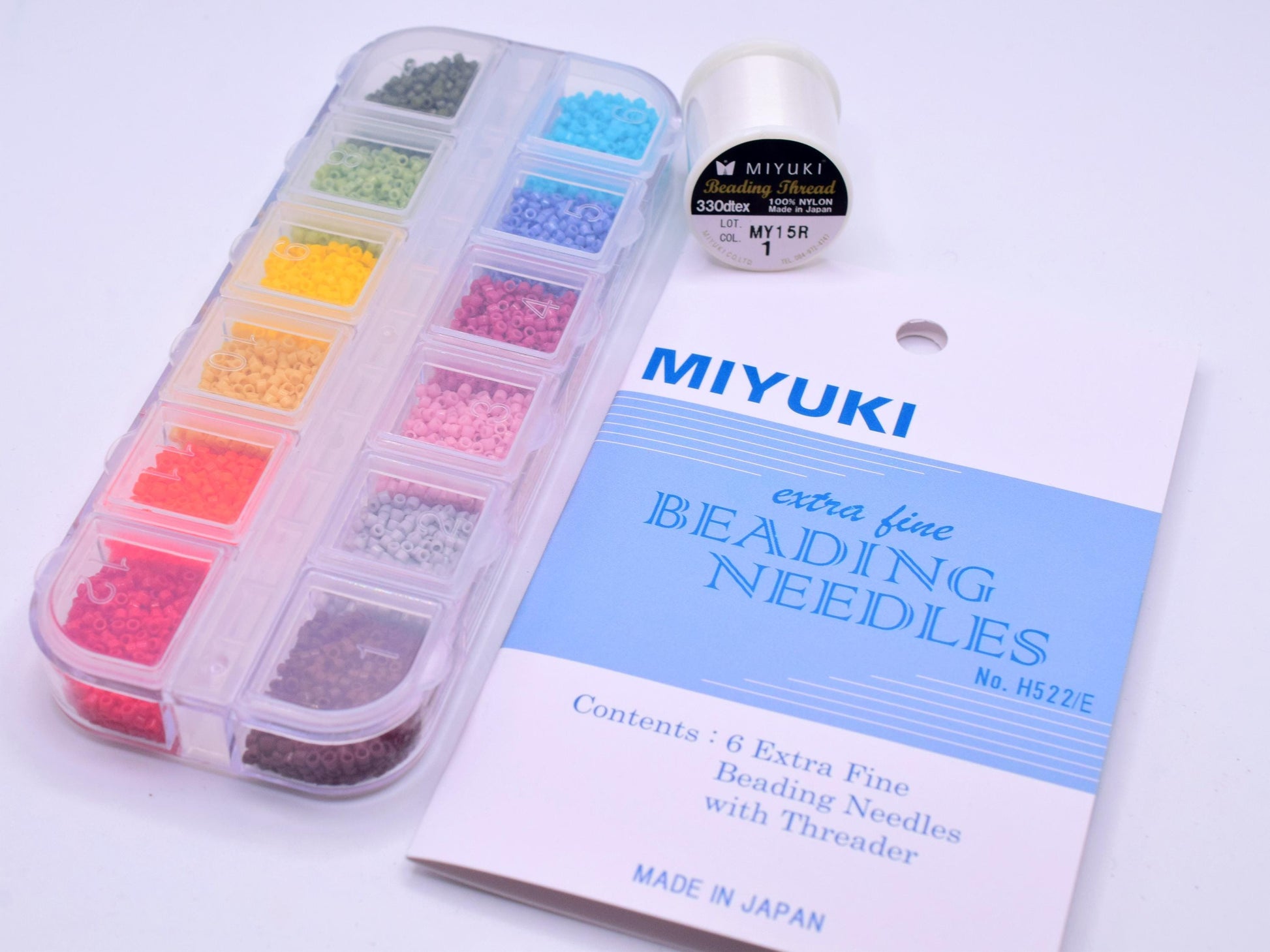 Miyuki Delica beads set, beading starter kit, beads and needles set, 12 color bead set, Jewelry making kit for beginners, Bead organizer box