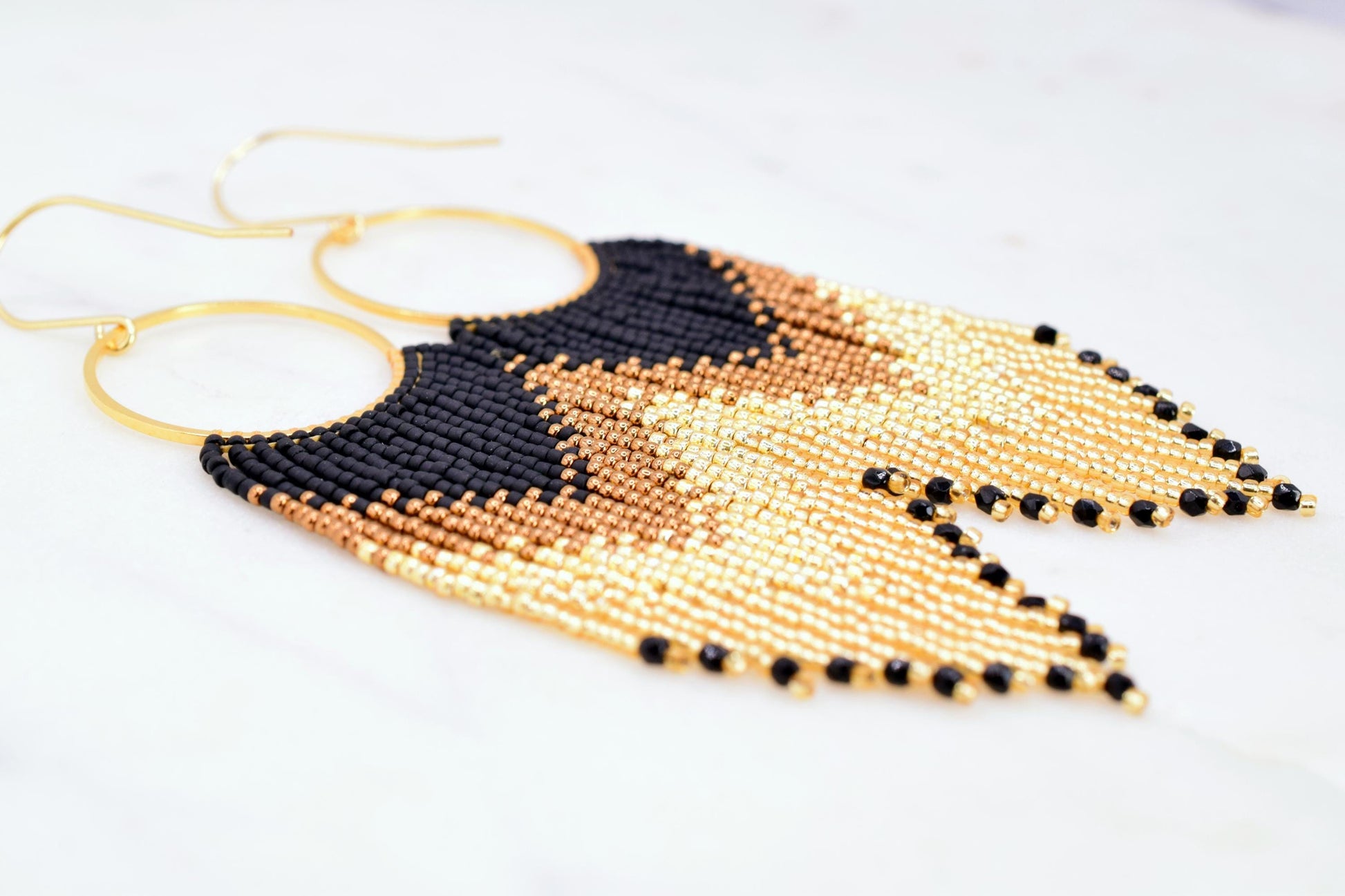 Gold and black fringe earrings, beaded earrings dangle, birthday gift for her jewelry, boho earrings ombre, statement earrings dangle