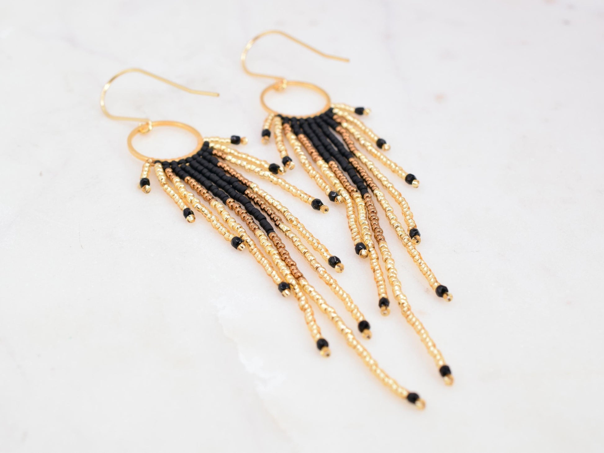 Gold and black fringe earrings, beaded earrings dangle, birthday gift for her jewelry, boho earrings ombre, lightweight earrings dangle