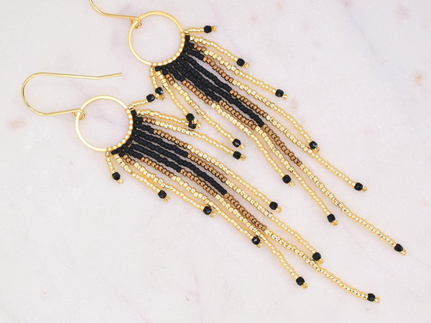 Gold and black fringe earrings, beaded earrings dangle, birthday gift for her jewelry, boho earrings ombre, lightweight earrings dangle