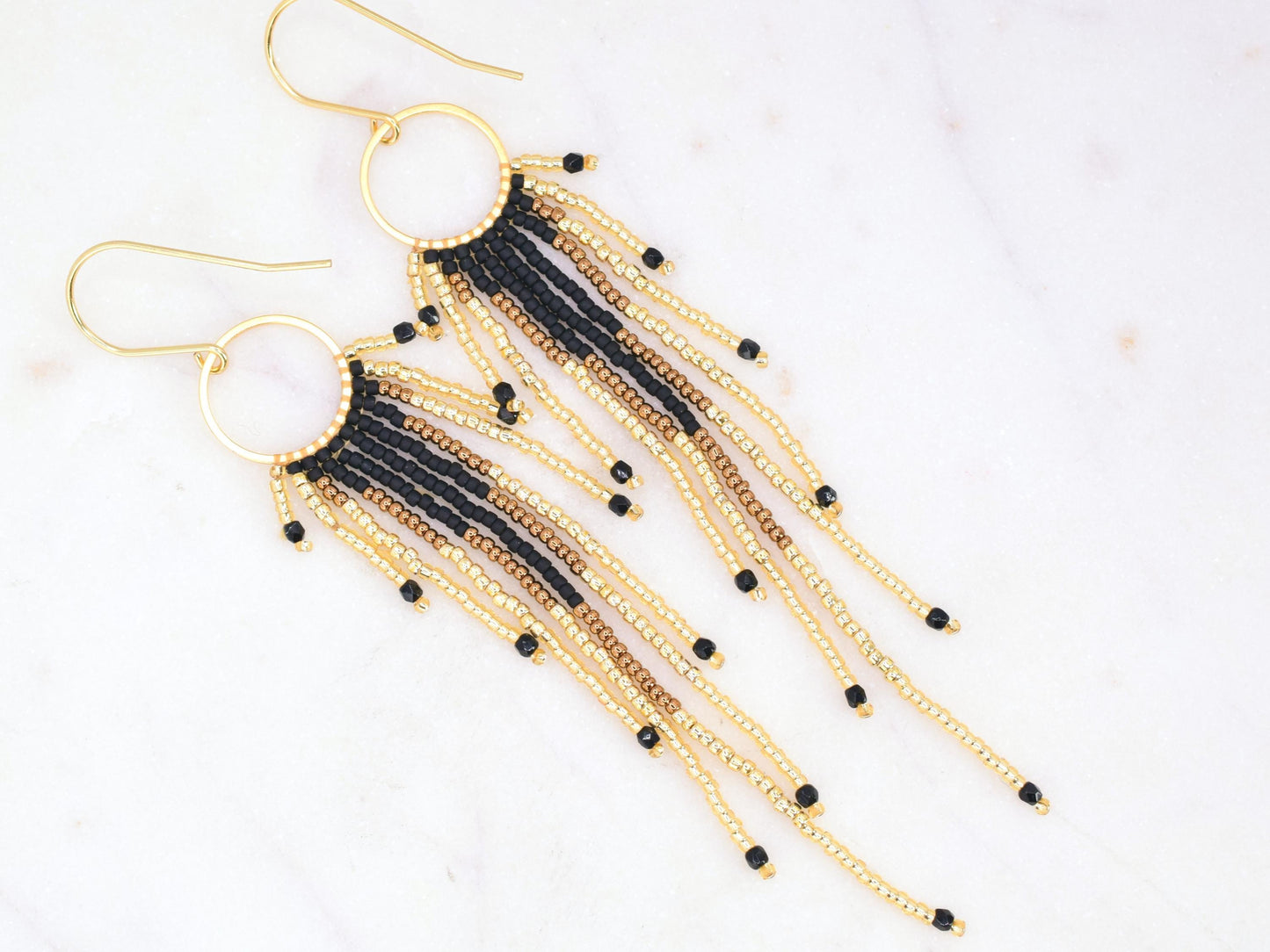 Gold and black fringe earrings, beaded earrings dangle, birthday gift for her jewelry, boho earrings ombre, lightweight earrings dangle