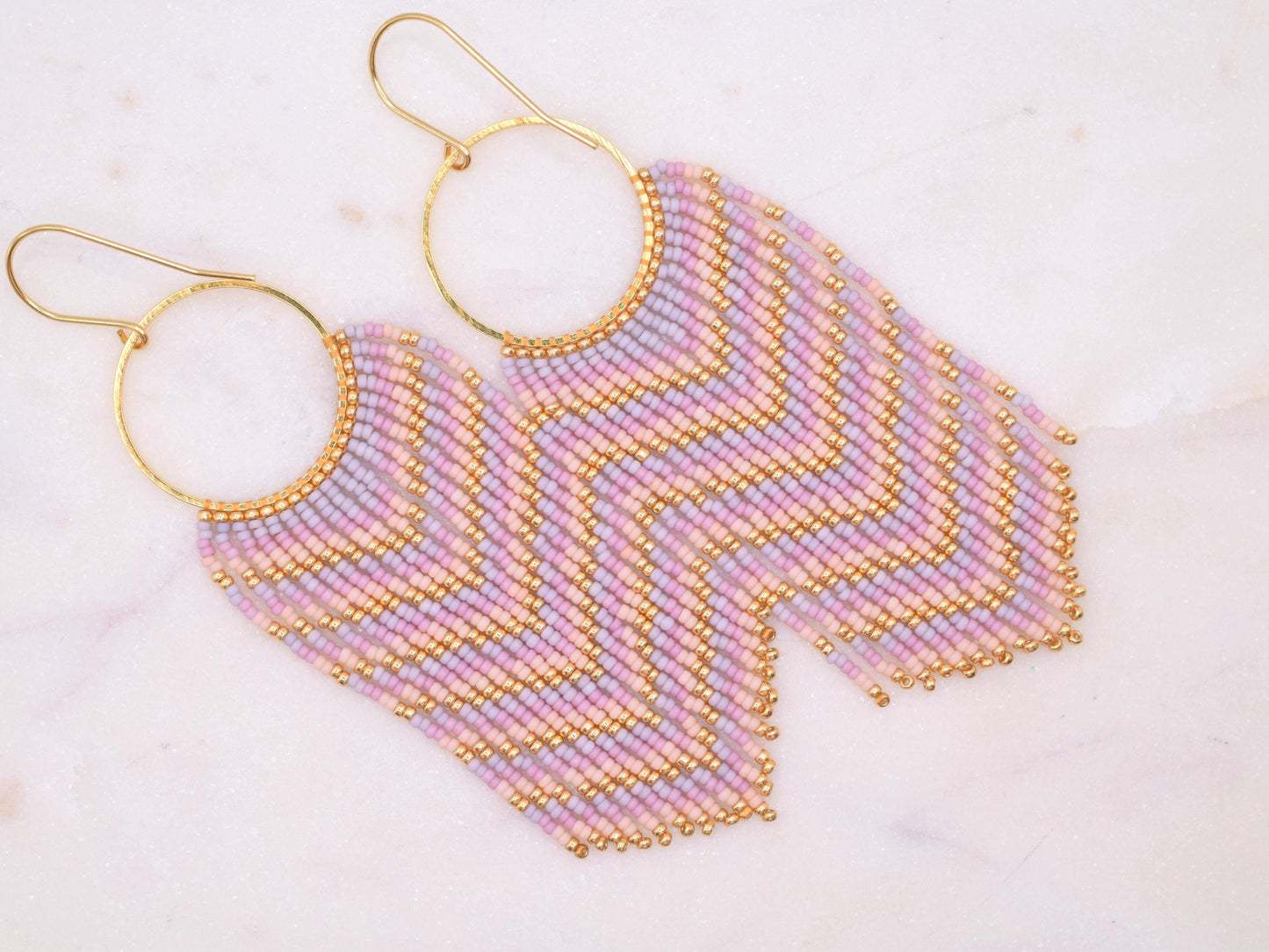 Pink ombre fringe earrings beaded, long earrings dangle, birthday gift for her jewelry, boho earrings pink and gold, chandelier earrings