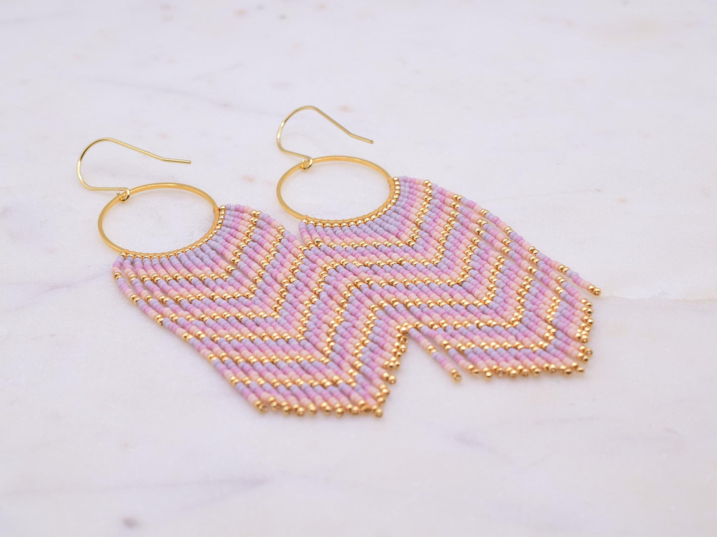 Pink ombre fringe earrings beaded, long earrings dangle, birthday gift for her jewelry, boho earrings pink and gold, chandelier earrings