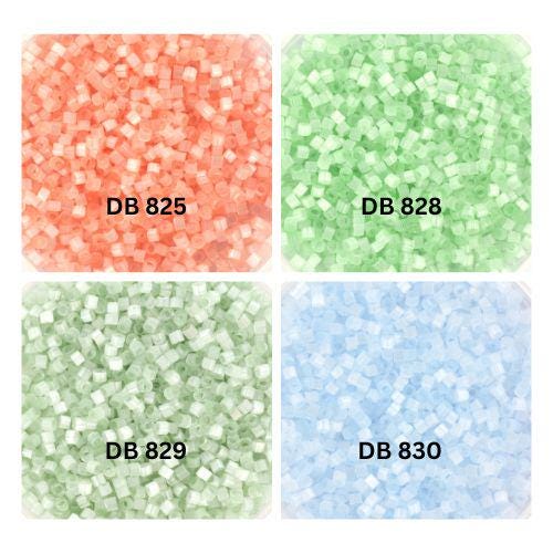 Miyuki Delica beads, silk satin salmon pink DB825, silk satin mint green DB828, silk satin pale moss green DB829, silk satin pale aqua DB830