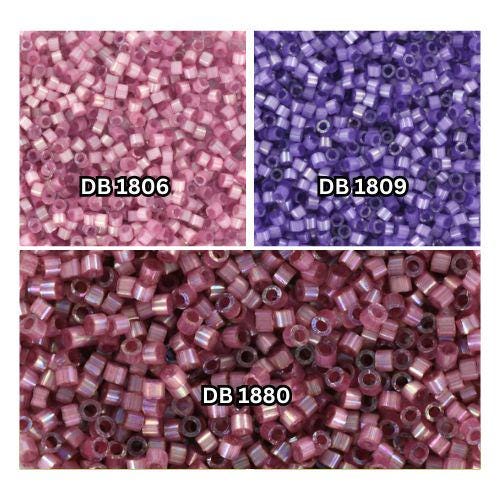 Miyuki Delica beads silk satin dyed orchid silk DB1806, silk satin dyed lilac DB1809, silk satin inside dyed ab hydrangea DB1880, size 11/0