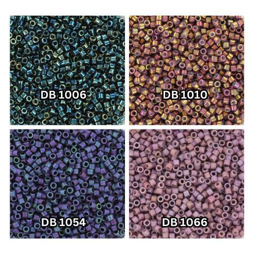 Miyuki Delica beads 11/0, metallic iris blue green gold DB1006, earth batik gold DB1010, matte iris plum gold DB1054, heather gold DB1066