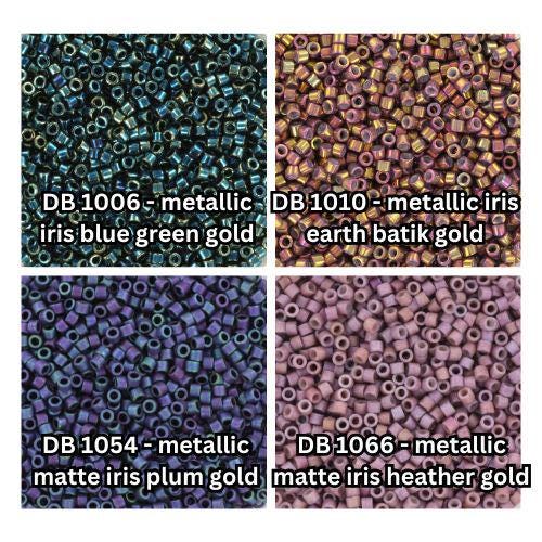 Miyuki Delica beads 11/0, metallic iris blue green gold DB1006, earth batik gold DB1010, matte iris plum gold DB1054, heather gold DB1066