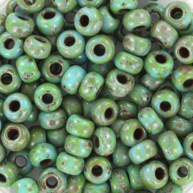 10g Miyuki seed beads 6/0, opaque opaque picasso turquoise blue, color 4514, japanese beads, large marbled teal beads, size 4mm, pony beads