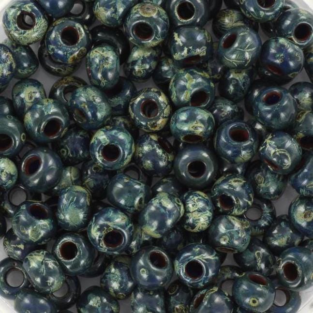 10g Miyuki seed beads 6/0, opaque opaque picasso dark teal, color 4516, japanese beads, large marbled teal beads, size 4mm, pony beads